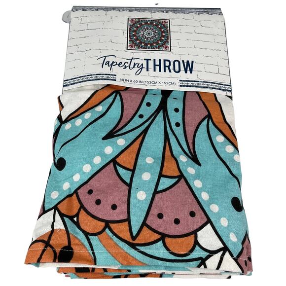 Tapestry Throw College Dorm Apartment 60in x 60 in Turquoise Coral New - Picture 1 of 14